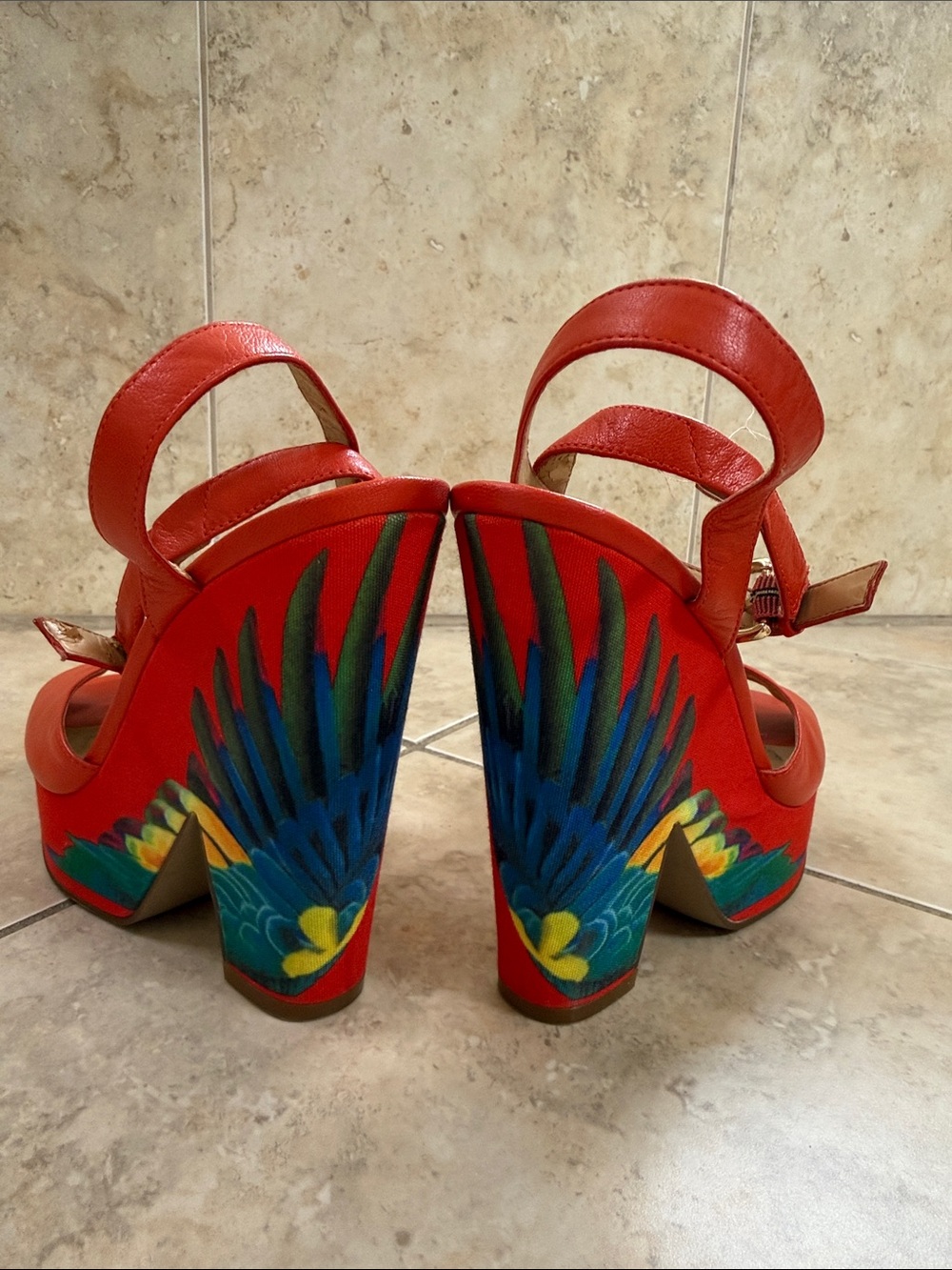 3/$20 Red Platform Peep-Toe Slingback Sandals with Colorful Wing Detail